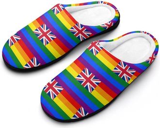 Generic United Kingdom LGBT Rainbow Flag Mens Slippers Memory Foam Winter Warm Sandals Slip On House Shoes Size 7-14