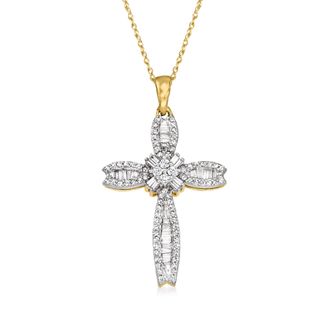Ross-Simons Baguette and Round Diamond Cross Pendant Necklace in 14kt Yellow Gold