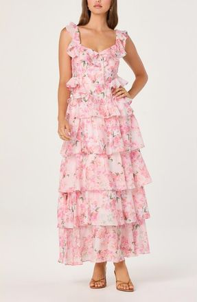 ASTR the Label Adessa Floral Ruffle Trim Tiered Dress in Pink Floral at Nordstrom, Size X-Small