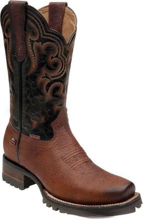 Generic Mens Square Toe Western Cowboy Boots PU Leather Mid-Calf Boots Block Heel Platform Boot with Embroidery Stitched,Brown,5.5 UK