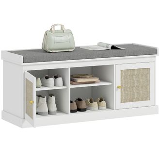 OEM Banco Zapatero Con Puertas Frentes De Rat&aacute;n Estantes Ajustables Y Abiertos Para Entrada Dormitorio 105x35x47 Cm Blanco
