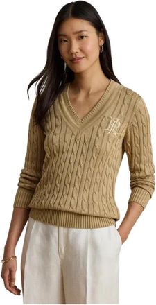 Ralph Lauren V-hals Gebreide Trui - Dames - V-hals truien - Beige - L - Katoen - Truien & Vesten