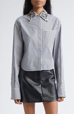 Sportmax Quagga Stripe Embellished Collar Cotton Button-Up Shirt in Black at Nordstrom, Size 12