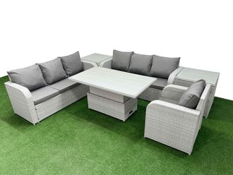 Fimous 7 Seater Poly Rattan Outdoor Garden Furniture Adjustable Lifting Dining or Coffee Table Sofa Set Patio 3 Seater Sofa Reclining Chair 3 Seater