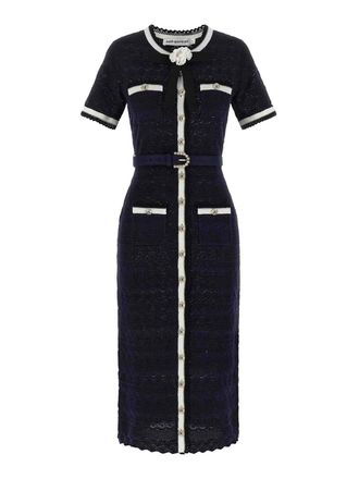 Self Portrait navy pointelle knit midi dress