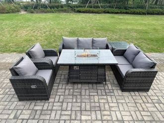 Fimous PE Wicker Outdoor Rattan Garden Furniture Set Propane Gas Fire Pit Table & Sofa Chair set with Side Table 7 Seater in Dark Grey