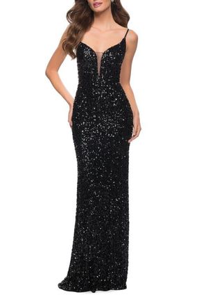 La Femme Gorgeous Sequin Dress with V Neck and Open Back in Black at Nordstrom, Size 00