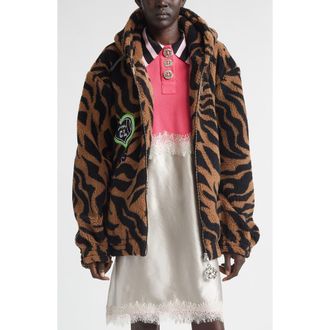 Chopova Lowena Tiger Stripe Oversize High Pile Fleece Full Zip Hoodie in Brown And Black at Nordstrom, Size X-Large