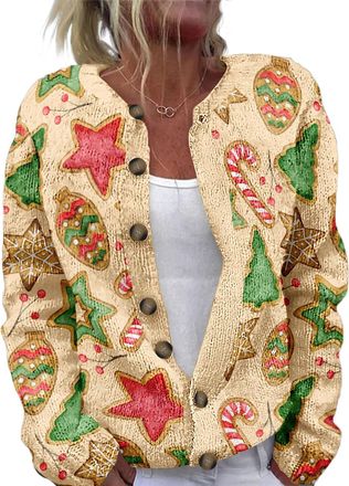 Generic Womens Christmas Sweater Open Front Button Down Christmas Sweater (UK, Alpha, M, Regular, Regular, 1)