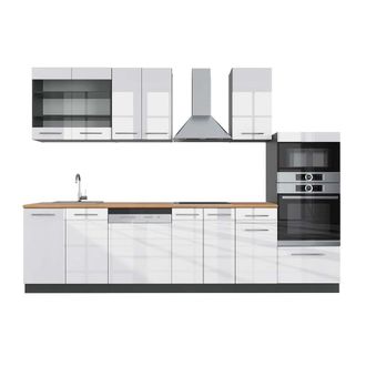 Vicco Mueble De Cocina Fame-line, Blanco Brillo/antracita, 300 Cm Con Armario Alto, Et Roble