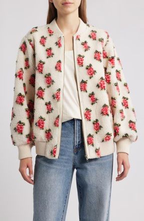 The Great. Floral Zip Front High Pile Fleece Bomber Jacket in Cream Rose at Nordstrom, Size 1