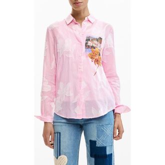 Desigual Floral Appliqu&eacute; Stripe Graphic Button-Up Shirt in Pink at Nordstrom, Size X-Small