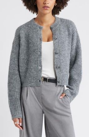 Open Edit Fuzzy Crewneck Cardigan in Grey Medium Heather at Nordstrom Rack, Size X-Small
