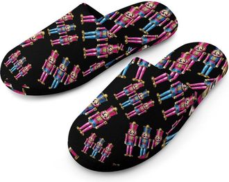 Generic Shiny Glittery Nutcracker Flannel Mens Slip-on Slippers Winter Warm House Shoes with Rubber Sole for Home Hotel