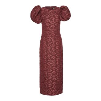 Rotate Bordeaux Jacquard Midi Puffy Jurk - Dames - Maxi kleedjes - Bruin - XS - Polyester - Kleedjes
