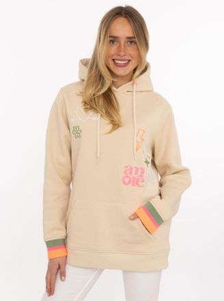 Zwillingsherz Hoodie ZWILLINGSHERZ Patches & Amore, Damen, Gr. L/XL, beige, Sweatware, Obermaterial: 50% Baumwolle, 50% Polyester, Sweatshirts Hoodie, farbenfrohe S