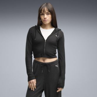Puma Felpa con cappuccio slim a coste con zip Essentials da donna, Abbigliamento, Nero, XL