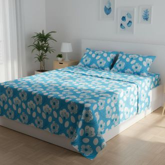 KASANOVA Completo letto matrimoniale azzurro fiori bianchi