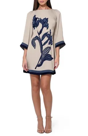 Adelyn Rae Emerson Bell Sleeve Minidress in Beige/Navy at Nordstrom, Size Small