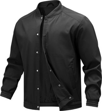 AlltheMen Mens Casual Smart Jacket Stand Collar Button Down Outerwear Lightweight Summer Bomber Jackets Outdoor Black L