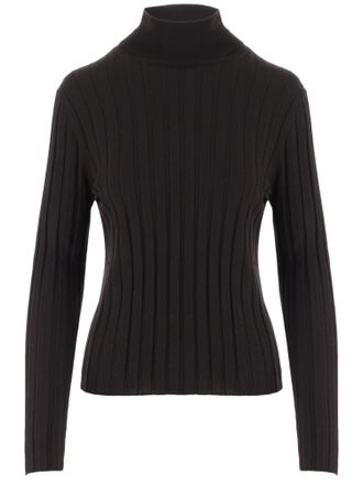 Allude Dark Brown High Neck Ribbed Knit Wool Sweater