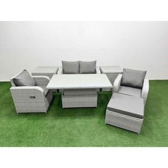 Fimous Light Grey pe Wicker Rattan Garden Furniture Set Sofa Set Reclining Chair Adjustable Lifting Dining or Coffee Table 5 Seater With Footstool - Fimous