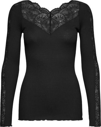 Rosemunde Spitzenshirt ROSEMUNDE Beatha lace longsleeve, Damen, Gr. XL, schwarz, Obermaterial: 55% Seide, 45% Baumwolle, Shirts Spitzenshirt, elastisch weiche V