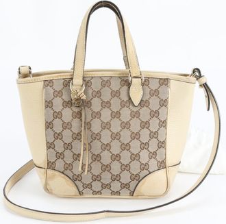 Gucci Beige Leather Canvas Handbag Shoulder Bag Tote Bag (Pre-Owned)
