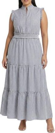 London Times Stripe Ruffle Tiered Maxi Dress in Blue at Nordstrom Rack, Size 18W