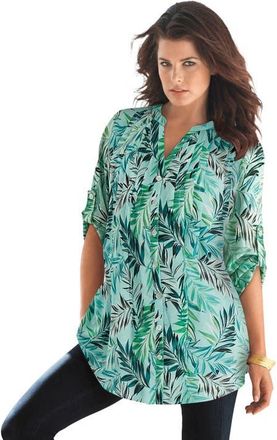 Roaman's Pintuck Tunic Blouse Y-Neck & Roll-Tab Sleeves in Light Aqua Waterfall Palm at Nordstrom, Size 32
