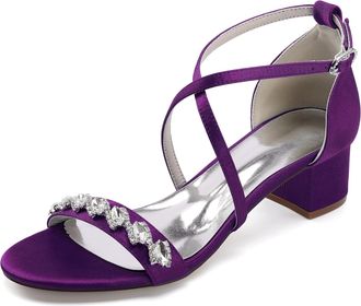 Generic Womens Peep Toe Chunky Ankle Strap Wedding Bridal Shoes Low Block Heels Sandals Crystal Wedding Dress Shoes 4.5Cm,Dark Purple,10 UK