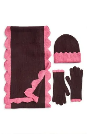 Treasure & Bond Scalloped Scarf, Beanie & Gloves Set in Burgundy Fudge- Pink at Nordstrom Rack