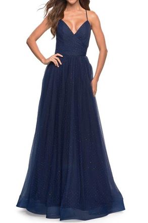 La Femme Rhinestone Tulle Ballgown with Slit and Lace Up Back in Navy at Nordstrom, Size 10