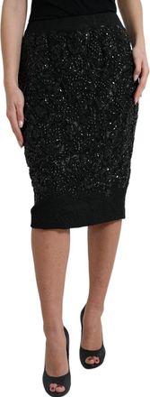 Dolce & Gabbana Black Crystal Handmade Knee Pencil Womens Skirt