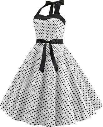 Generic Womens 50s 60s Retro Halter Neck Polka Dot Print A Line Rockabilly Dress Sleeveless Backless Vintage Swing Prom Party Dresses Formal Knee Length Cockt