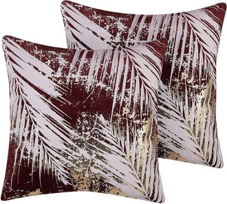 Beliani Conjunto De Cojines Decorativos Con Patr&oacute;n De Hoja De Palma Roja 45 X 45 Cm Estampado Floral Decoraci&oacute;n Glamour Calla