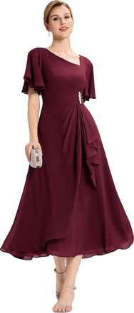 Ever-pretty Mother of The Bride Dress Maxi Length Asymmetrical Neckline Ruffled Hem Burgundy 18