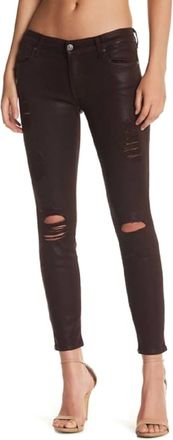 7 For All Mankind Leather Coated Distressed Skinny Jeans In Burgundy