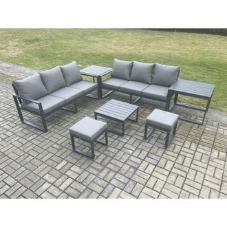 Fimous Aluminium 7 Pieces Garden Furniture Sofa Set with Cushions 8 Seater Outdoor Patio Set with Square Coffee Table 2 Small Footstools 2 Side Tables Dark