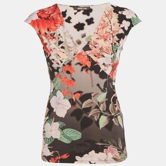 Roberto Cavalli Multicolor Floral Print Jersey V-Neck Top
