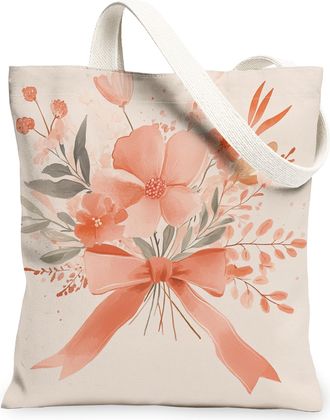 Generic Peach Floral Canvas Tote Bag, Elegant Flower Design Reusable Grocery Bags, Vintage Lightweight Washable Shoulder Strap Canvas Bags for Travel Beach Pi