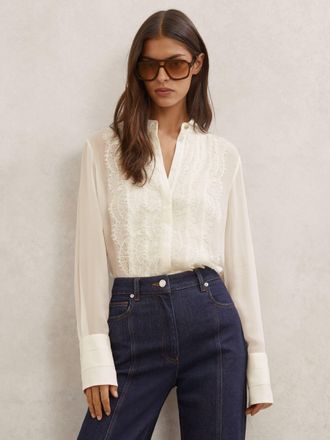 Reiss Cream Lace-trim Sheer Button-through Blouse, 12