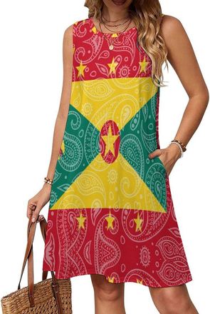 Generic Grenada Flag Paisley Pattern Casual Womens Sleeveless Dresses Crew-Neck Sundress Summer Swing Dresses S
