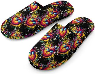 Generic Watercolor Heart Colorful Flannel Mens Slip-on Slippers Winter Warm House Shoes with Rubber Sole for Home Hotel