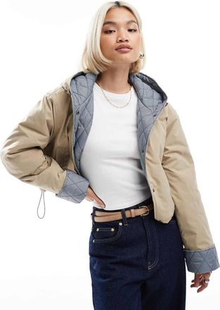 Asos Giacca corta color avena con cappuccio e fodera a quadretti-Grigio