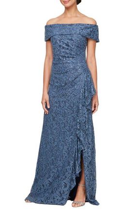 Alex Evenings Sequin Off the Shoulder Lace Gown in Wedgewood at Nordstrom, Size 10