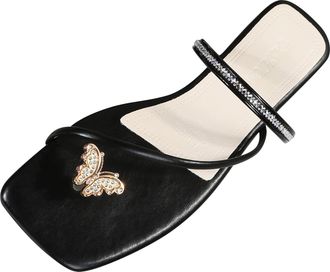Generic Square Toe Sandals For Women Fashion Flat Sandals Rhinestone Butterfly Thong Sandal Elegant Thin Strap Sandal Trendy Walking Shoes Casual Wide Shoes C
