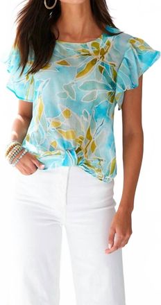 Finley Knot Seaweed Print Blouse In Blue And Green