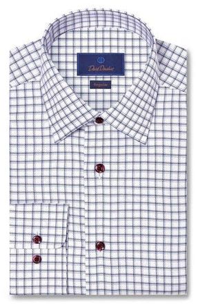David Donahue Regular Fit Windowpane Check Cotton Dobby Dress Shirt in White/Merlot at Nordstrom Rack, Size 16 - 32/33
