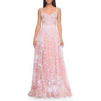 La Femme Sequin Lace Print Tulle A-Line Prom Dress with Illusion Bodice in Pink at Nordstrom, Size 0